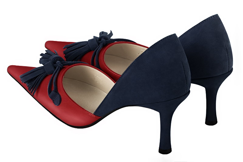 Scarlet red and navy blue women's open arch dress pumps. Pointed toe. High slim heel. Rear view - Florence KOOIJMAN